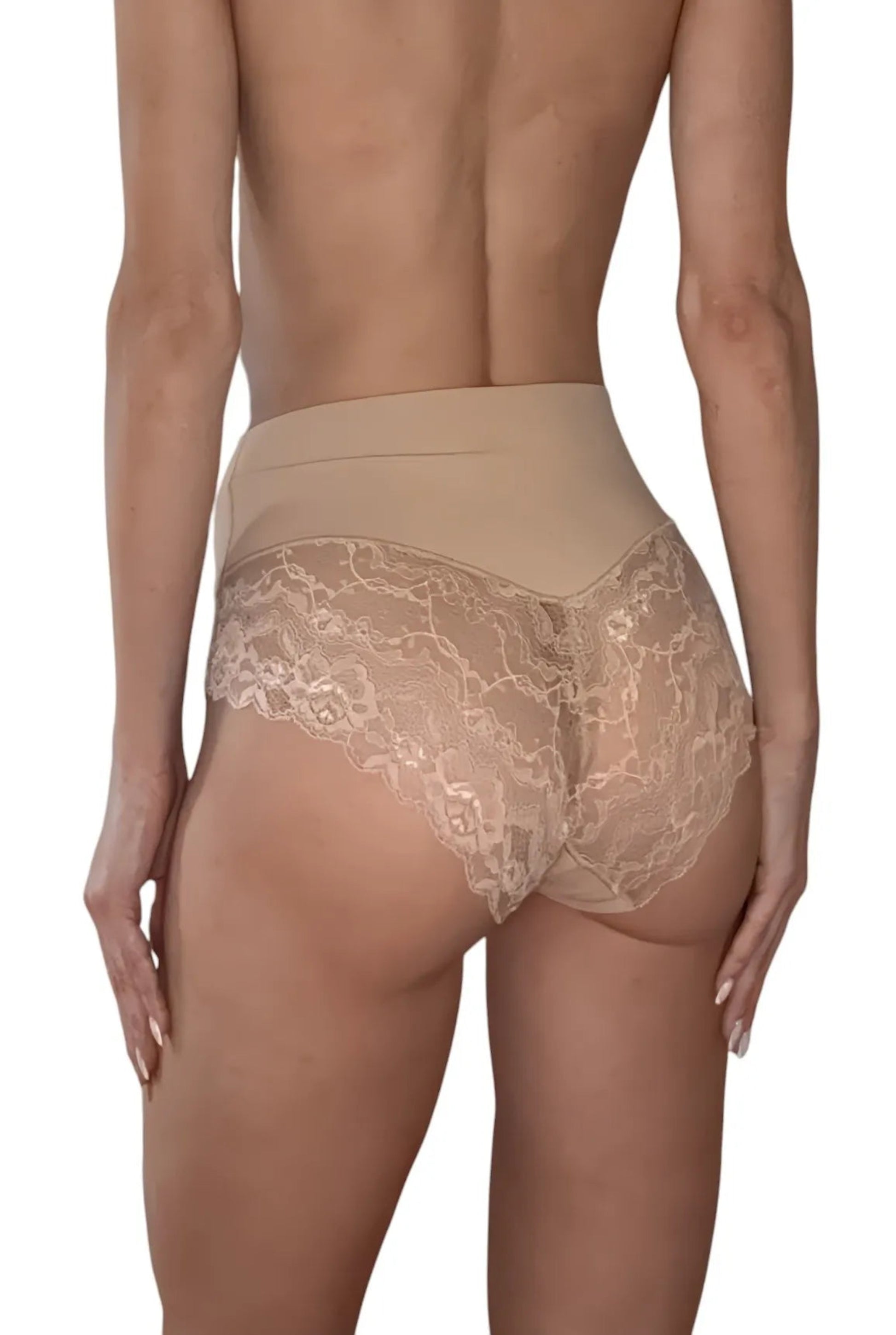 high waisted lace detailed women's shaping briefs in beige colour