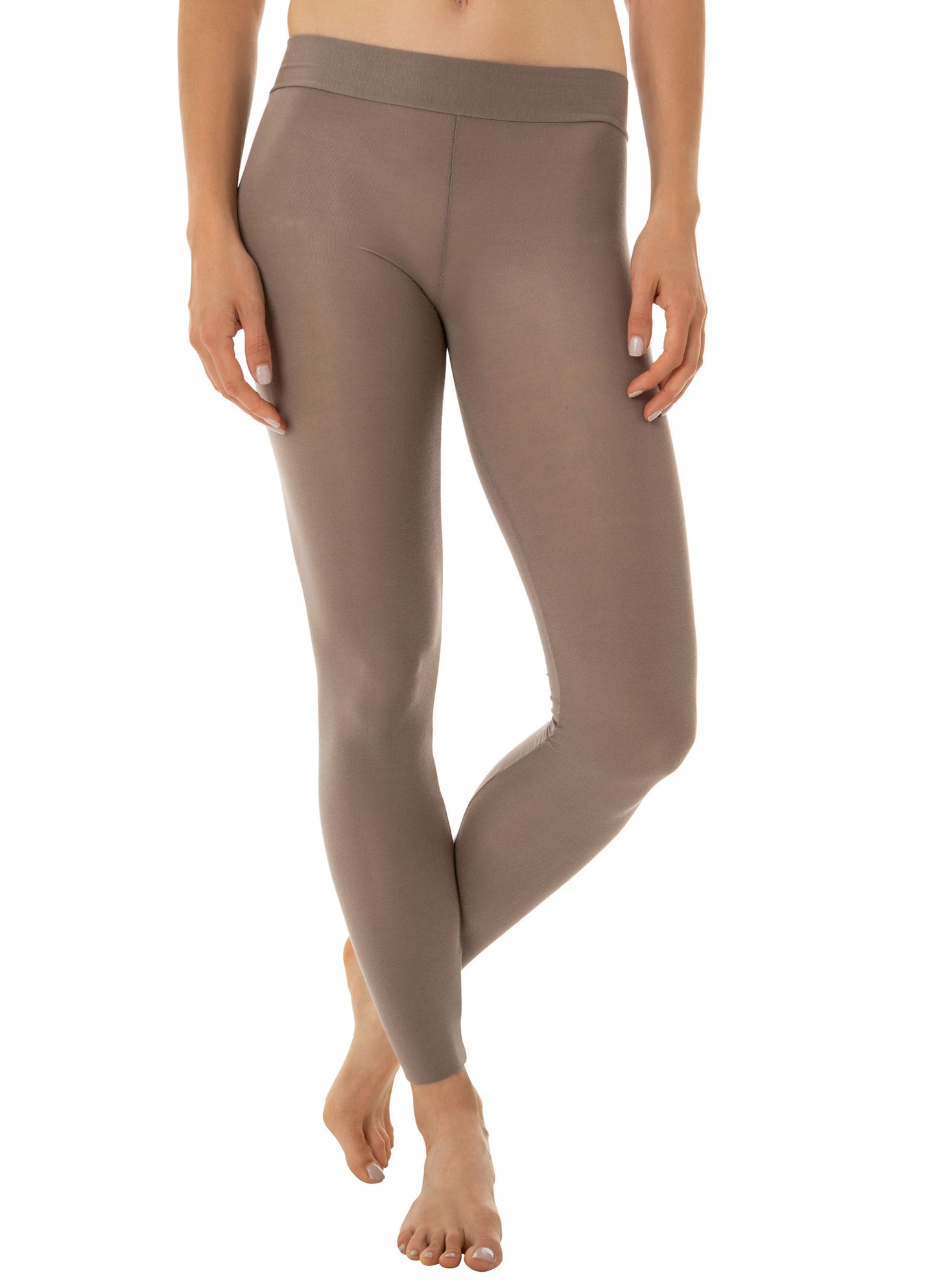 Woman's legs wearing coffee colour modal leggings 